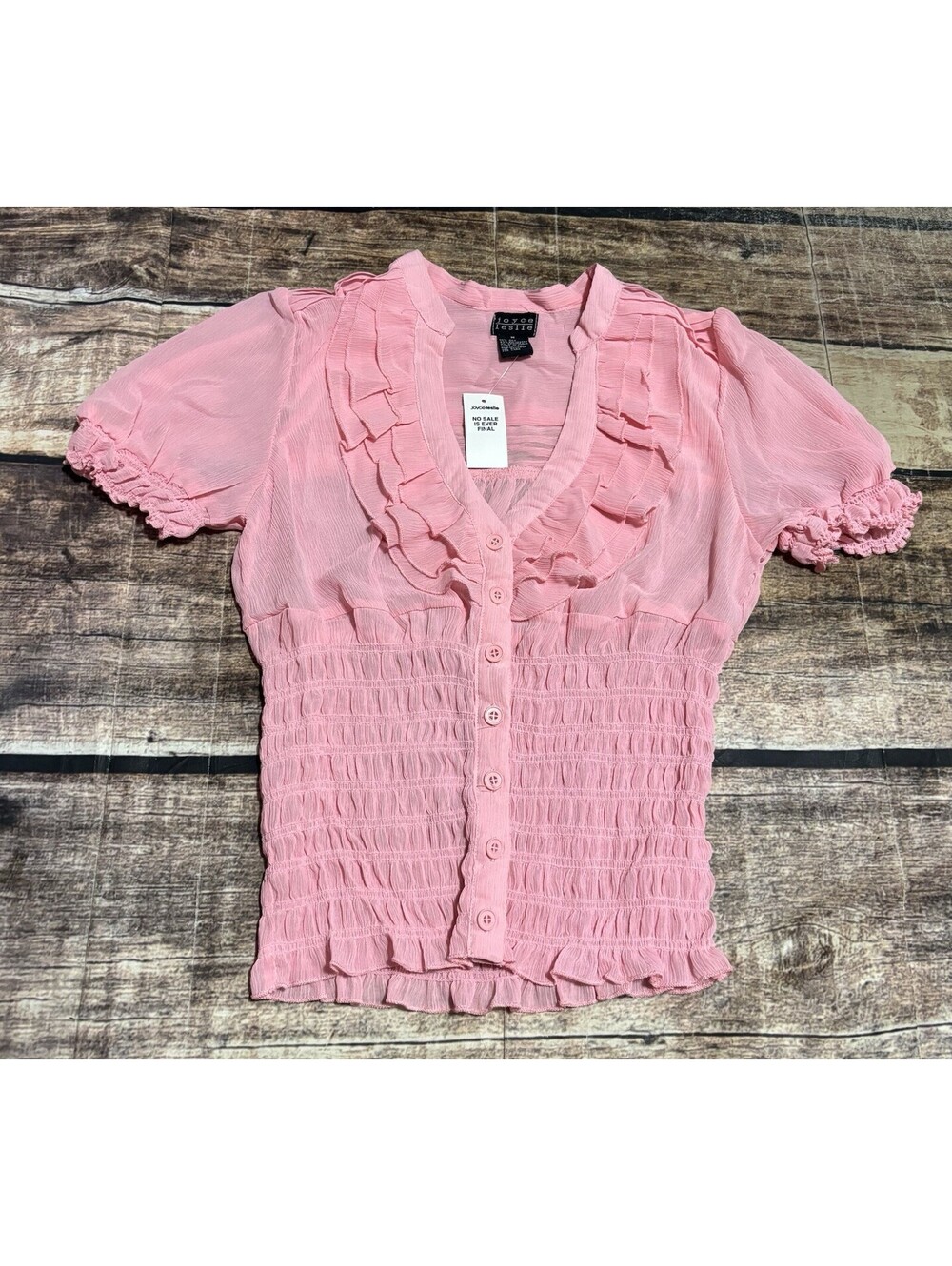 Y2K Joyce Leslie Top Womens Medium Silk Blend Ruched Ruffle Pink Button Up